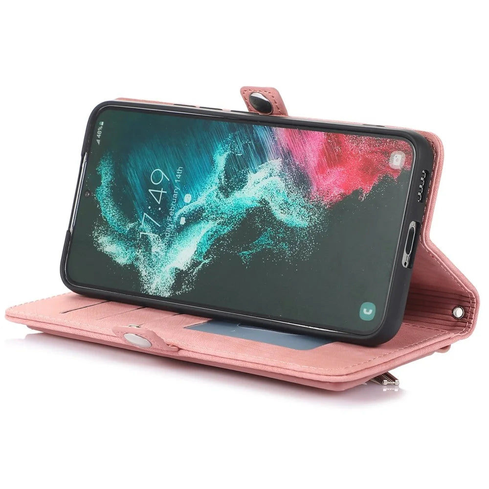 For Samsung Galaxy S22+ 5G Multi-Functional 9 Card Holder Leather Wallet Case Shockproof Zipper Pocket Purse Handbag Wrist Strap Cover - Rose Gold - 4
