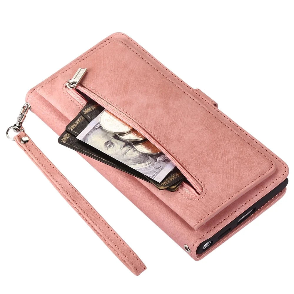 For Samsung Galaxy S22+ 5G Multi-Functional 9 Card Holder Leather Wallet Case Shockproof Zipper Pocket Purse Handbag Wrist Strap Cover - Rose Gold - 6