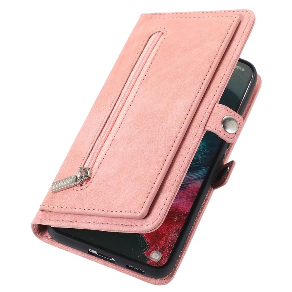 For Samsung Galaxy S22+ 5G Multi-Functional 9 Card Holder Leather Wallet Case Shockproof Zipper Pocket Purse Handbag Wrist Strap Cover - Rose Gold - 7