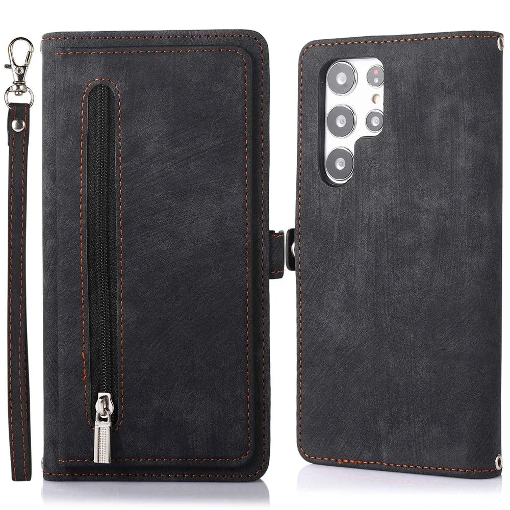 For Samsung Galaxy S22 Ultra 5G Zipper Leather Phone Case Stand Multi-Functional 9 Card Holder Wrist Strap Protective Cover - Black - 1