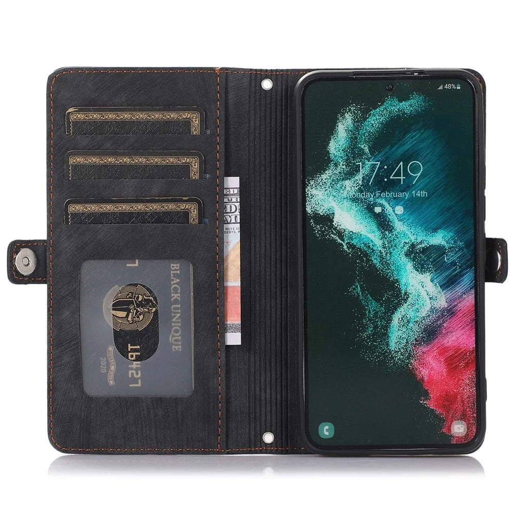 For Samsung Galaxy S22 Ultra 5G Zipper Leather Phone Case Stand Multi-Functional 9 Card Holder Wrist Strap Protective Cover - Black - 2