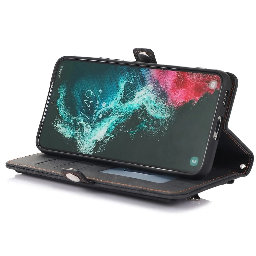 For Samsung Galaxy S22 Ultra 5G Zipper Leather Phone Case Stand Multi-Functional 9 Card Holder Wrist Strap Protective Cover - Black - 3