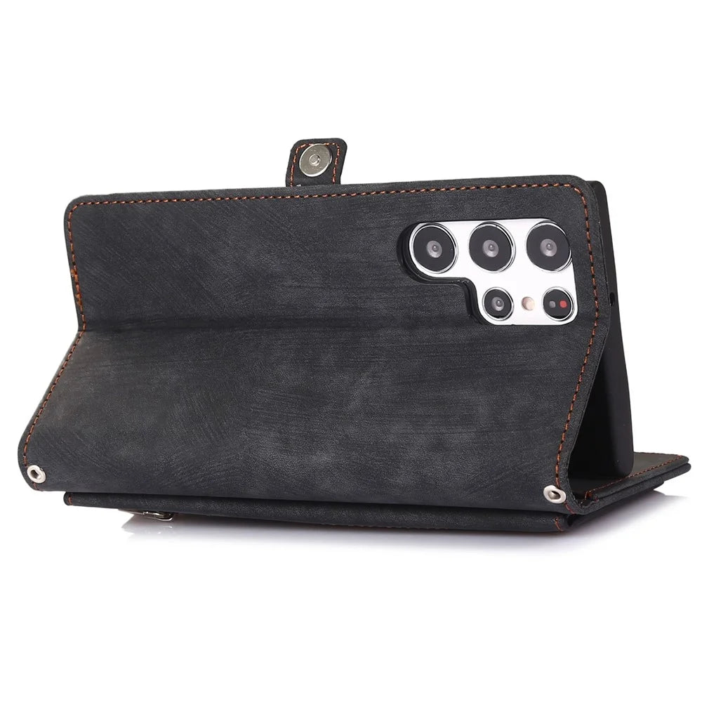 For Samsung Galaxy S22 Ultra 5G Zipper Leather Phone Case Stand Multi-Functional 9 Card Holder Wrist Strap Protective Cover - Black - 4