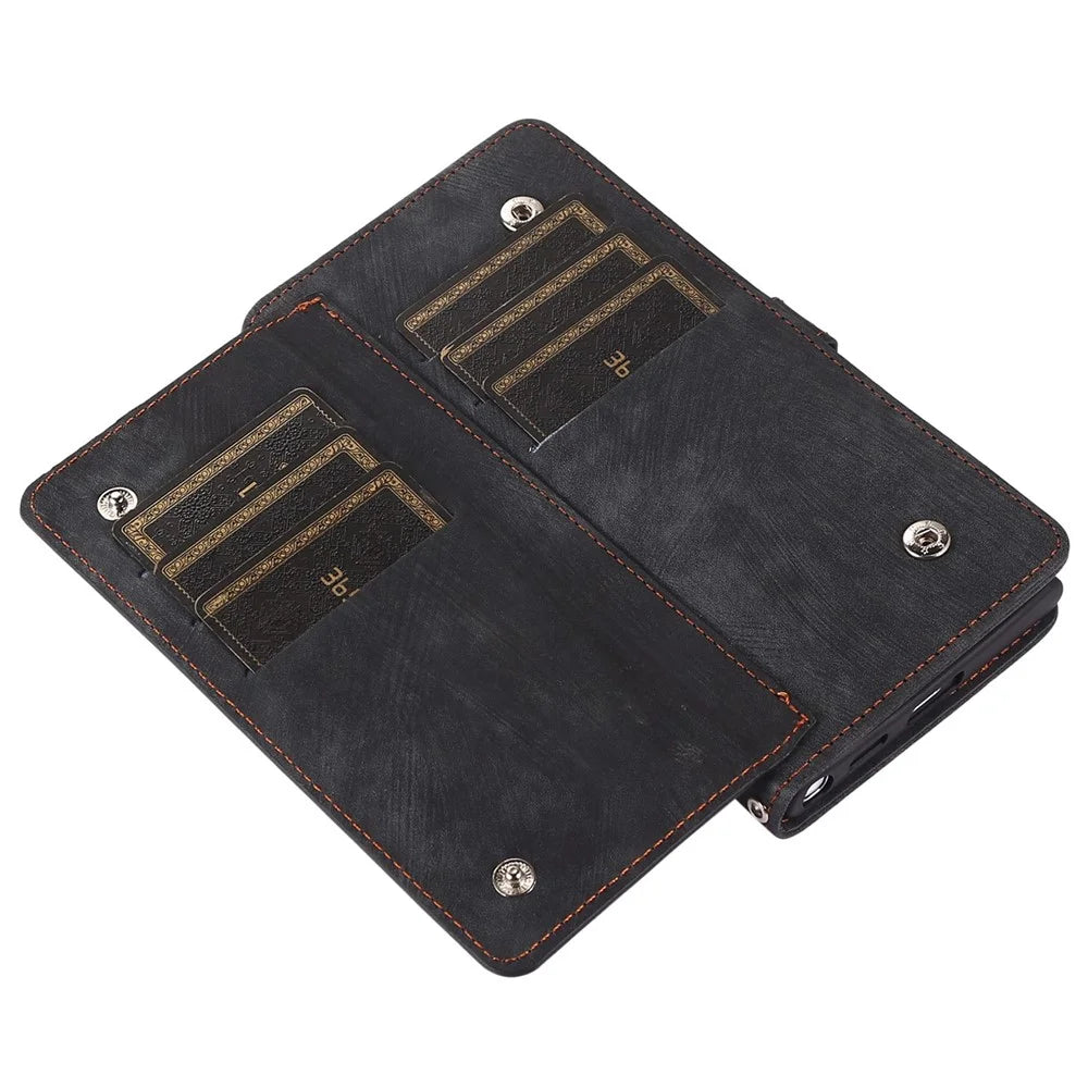 For Samsung Galaxy S22 Ultra 5G Zipper Leather Phone Case Stand Multi-Functional 9 Card Holder Wrist Strap Protective Cover - Black - 5