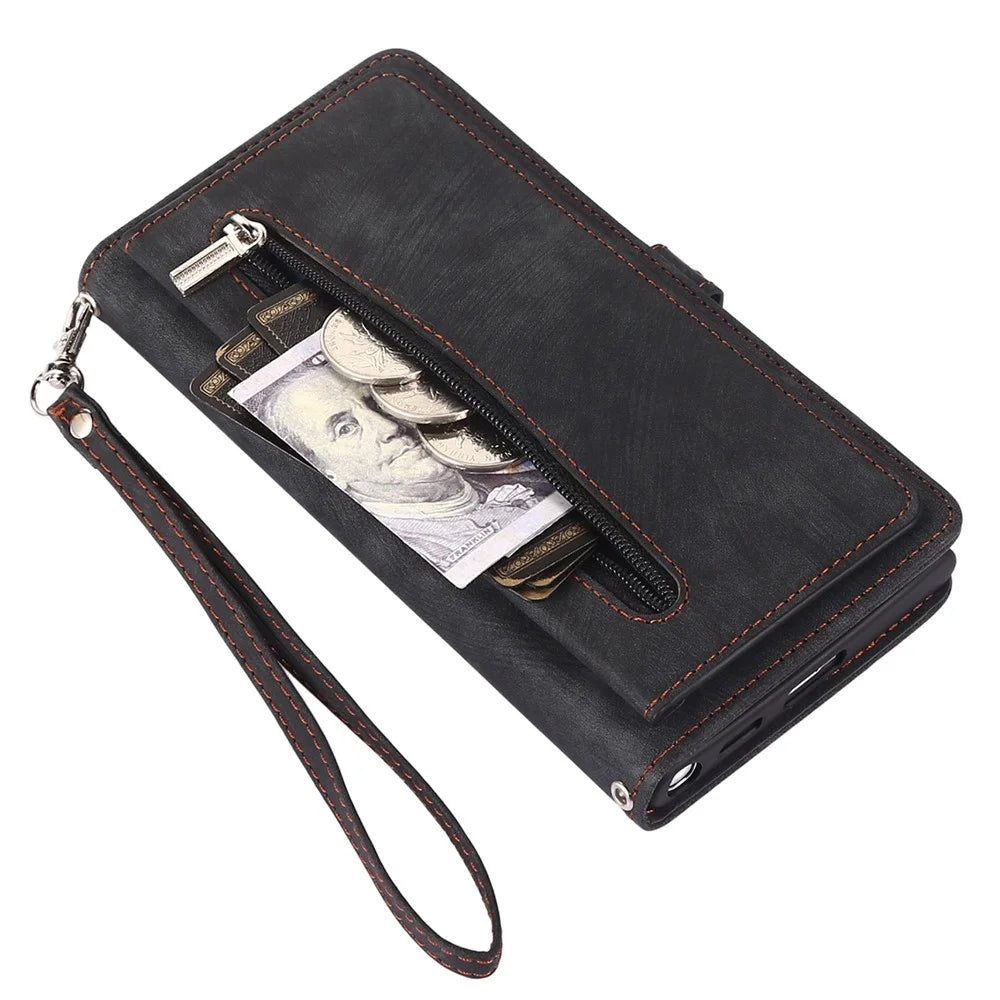 For Samsung Galaxy S22 Ultra 5G Zipper Leather Phone Case Stand Multi-Functional 9 Card Holder Wrist Strap Protective Cover - Black - 6