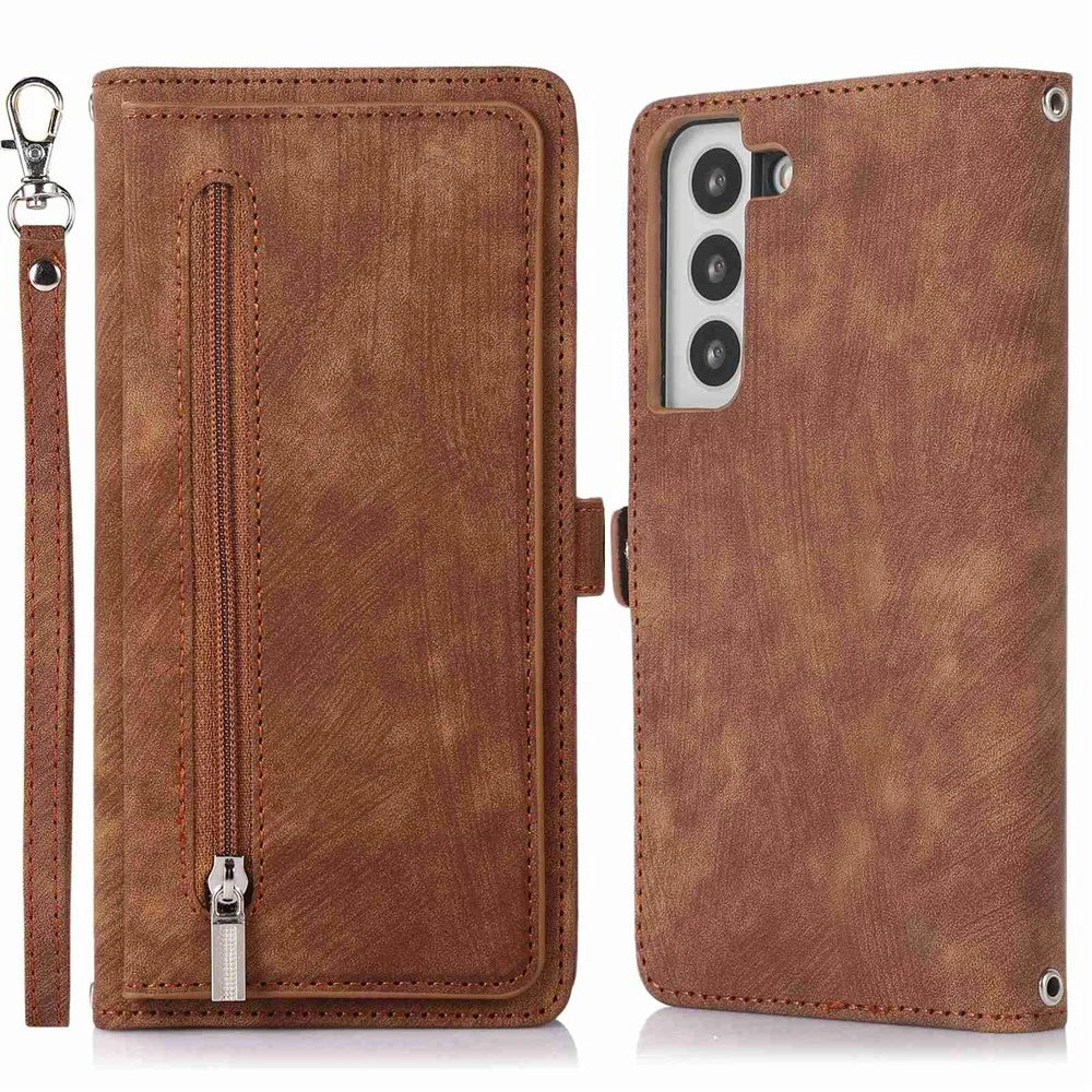 For Samsung Galaxy S21 5G PU Leather Zipper Flip Folio Wallet Case Multi-Functional 9 Card Holder Stand Cover with Wrist Strap - Brown - 1