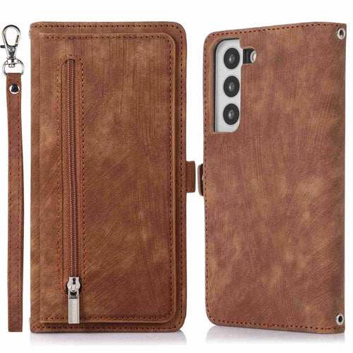 For Samsung Galaxy S21 5G PU Leather Zipper Flip Folio Wallet Case Multi-Functional 9 Card Holder Stand Cover with Wrist Strap - Brown - 1