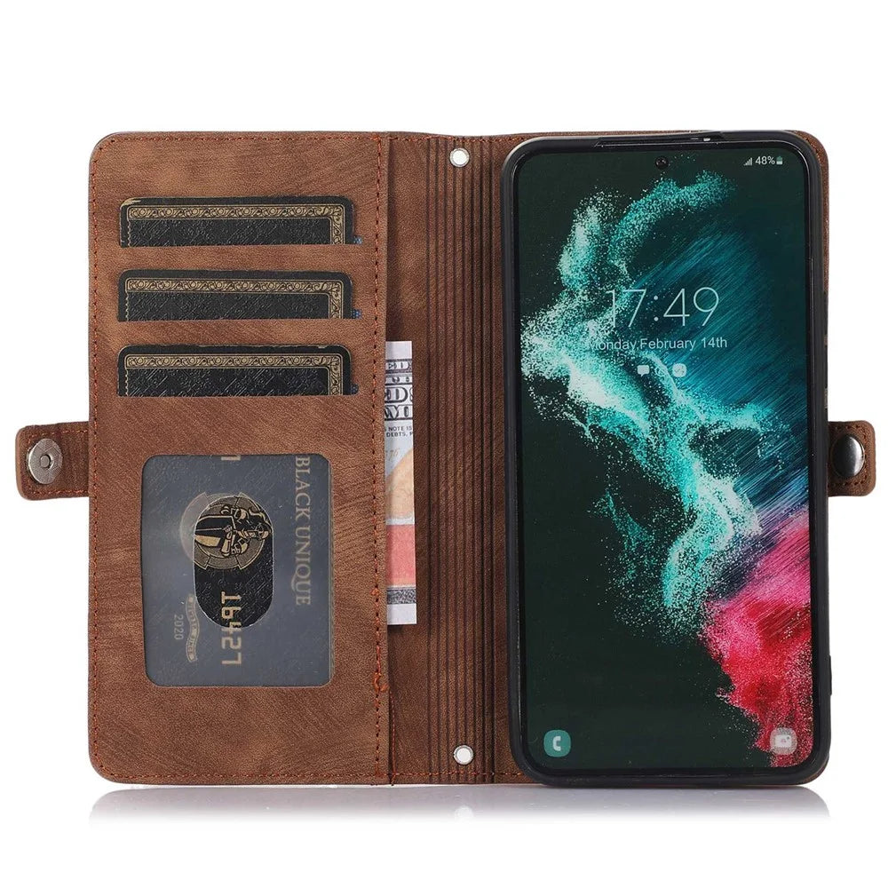 For Samsung Galaxy S21 5G PU Leather Zipper Flip Folio Wallet Case Multi-Functional 9 Card Holder Stand Cover with Wrist Strap - Brown - 2
