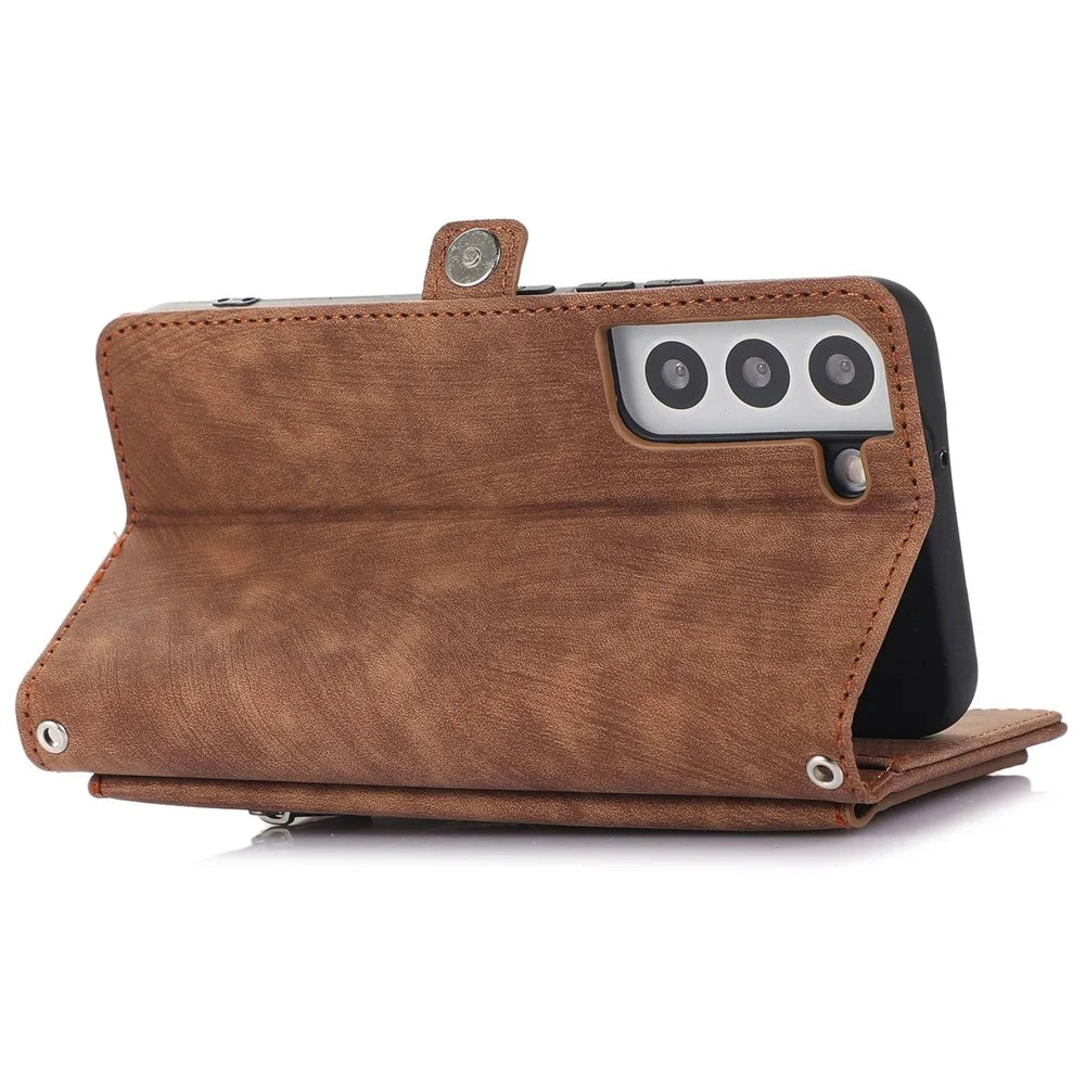 For Samsung Galaxy S21 5G PU Leather Zipper Flip Folio Wallet Case Multi-Functional 9 Card Holder Stand Cover with Wrist Strap - Brown - 3