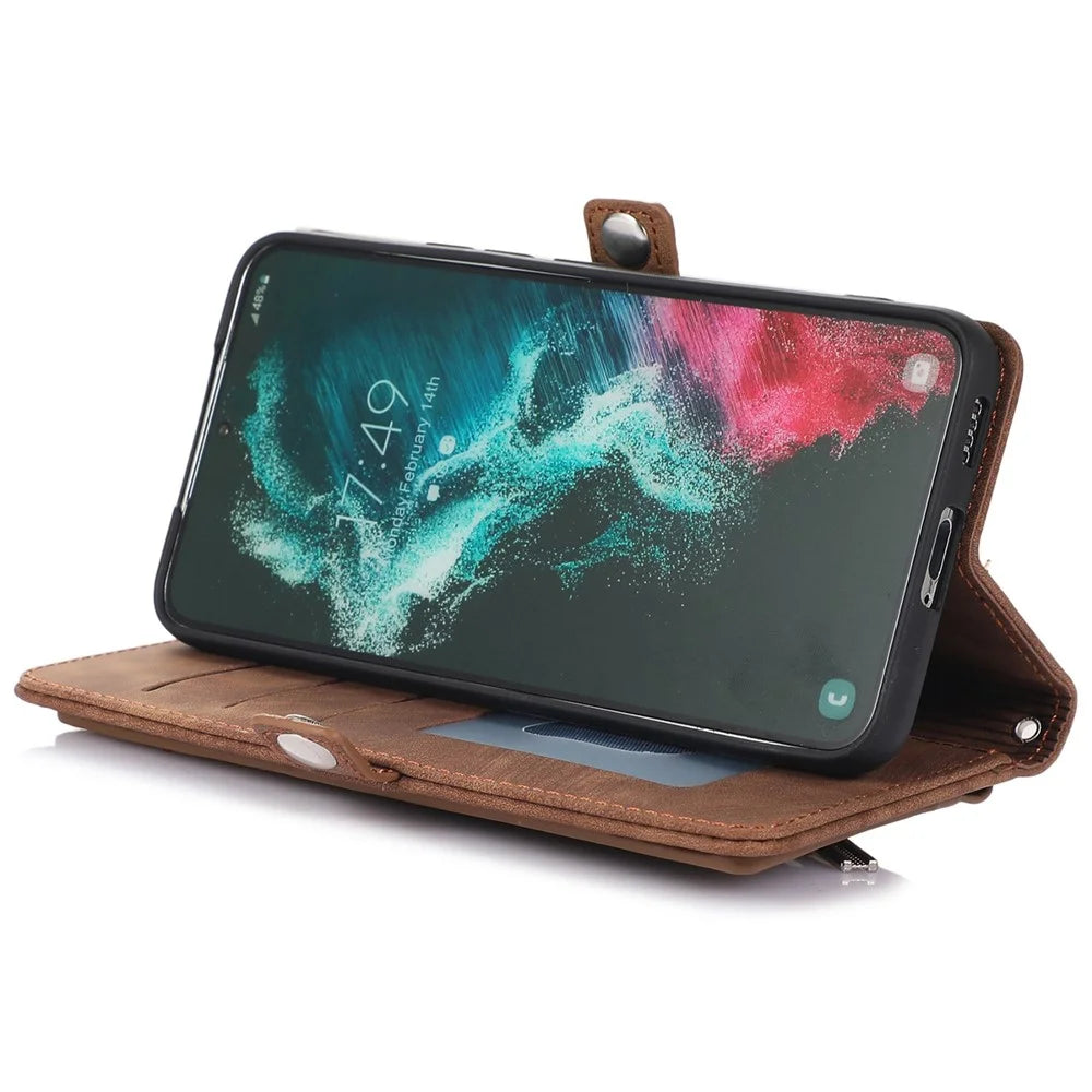 For Samsung Galaxy S21 5G PU Leather Zipper Flip Folio Wallet Case Multi-Functional 9 Card Holder Stand Cover with Wrist Strap - Brown - 4