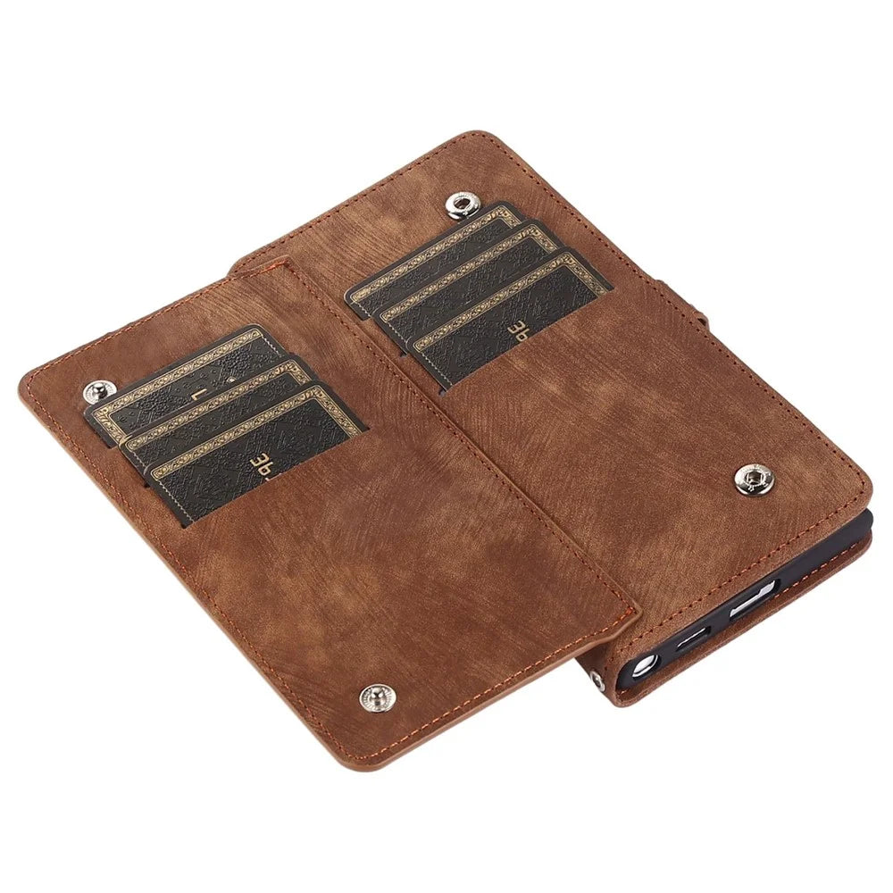 For Samsung Galaxy S21 5G PU Leather Zipper Flip Folio Wallet Case Multi-Functional 9 Card Holder Stand Cover with Wrist Strap - Brown - 5