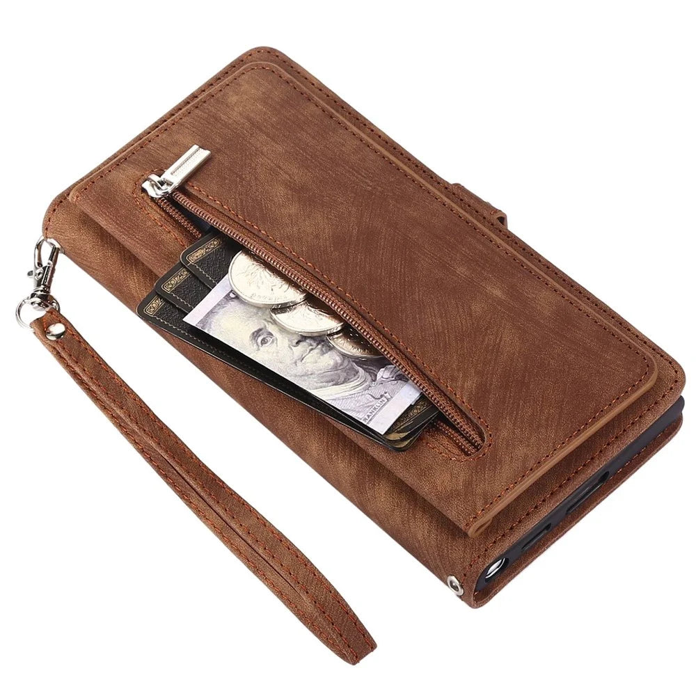 For Samsung Galaxy S21 5G PU Leather Zipper Flip Folio Wallet Case Multi-Functional 9 Card Holder Stand Cover with Wrist Strap - Brown - 6