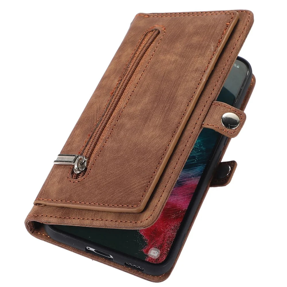 For Samsung Galaxy S21 5G PU Leather Zipper Flip Folio Wallet Case Multi-Functional 9 Card Holder Stand Cover with Wrist Strap - Brown - 7