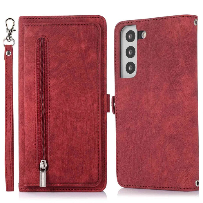 For Samsung Galaxy S22 5G PU Leather Zipper Folio Wallet Case Multi-Functional 9 Card Holder Slots Flip Protective Phone Cover with  Wrist Strap - Red - 1
