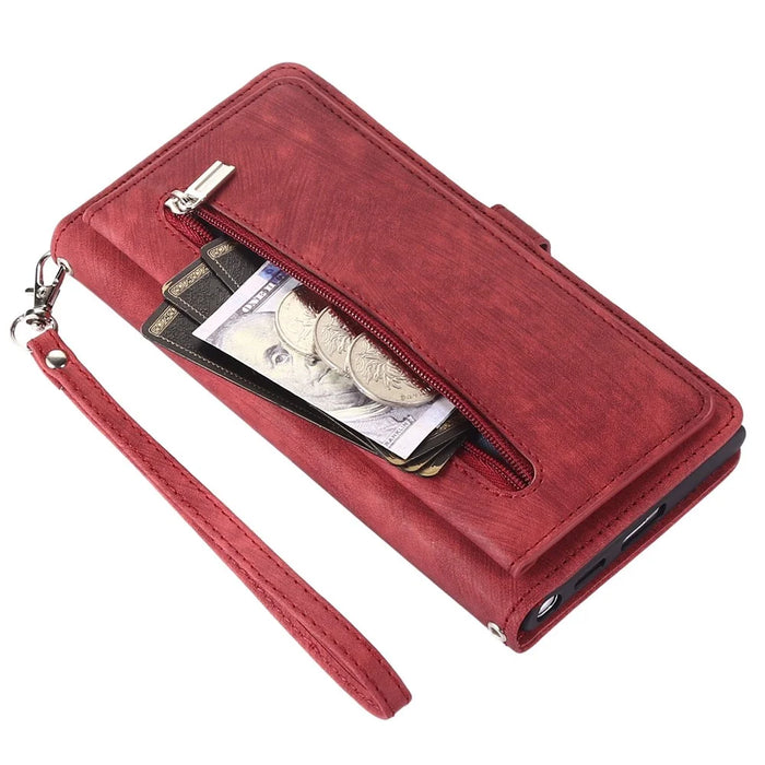For Samsung Galaxy S22 5G PU Leather Zipper Folio Wallet Case Multi-Functional 9 Card Holder Slots Flip Protective Phone Cover with  Wrist Strap - Red - 7