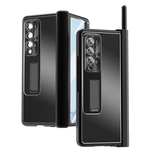 For Samsung Galaxy Z Fold4 5G Stylus Pen Design PC+Aluminum Alloy Kickstand Phone Case Len Protection Cover with Tempered Glass Screen Film - Black - 1
