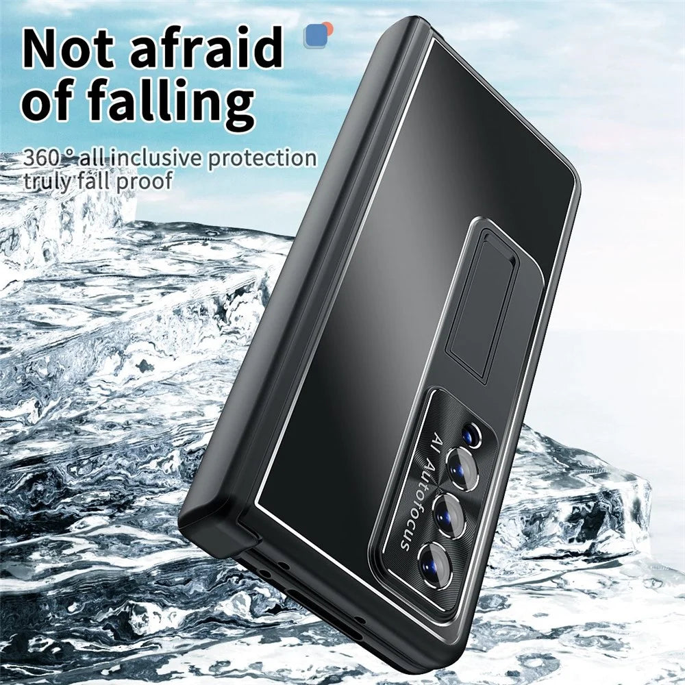 For Samsung Galaxy Z Fold4 5G Stylus Pen Design PC+Aluminum Alloy Kickstand Phone Case Len Protection Cover with Tempered Glass Screen Film - Black - 4