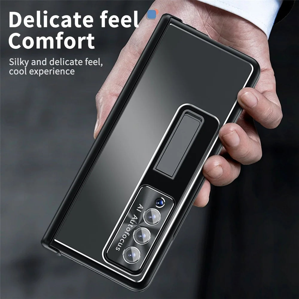 For Samsung Galaxy Z Fold4 5G Stylus Pen Design PC+Aluminum Alloy Kickstand Phone Case Len Protection Cover with Tempered Glass Screen Film - Black - 5