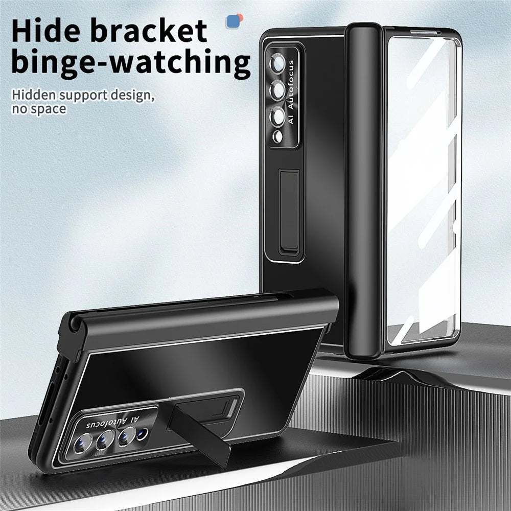 For Samsung Galaxy Z Fold4 5G Stylus Pen Design PC+Aluminum Alloy Kickstand Phone Case Len Protection Cover with Tempered Glass Screen Film - Black - 6