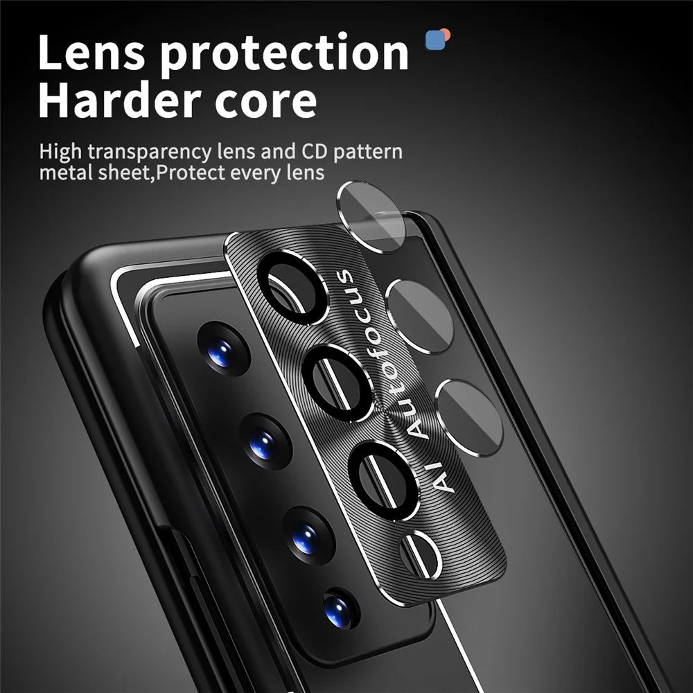 For Samsung Galaxy Z Fold4 5G Stylus Pen Design PC+Aluminum Alloy Kickstand Phone Case Len Protection Cover with Tempered Glass Screen Film - Black - 7