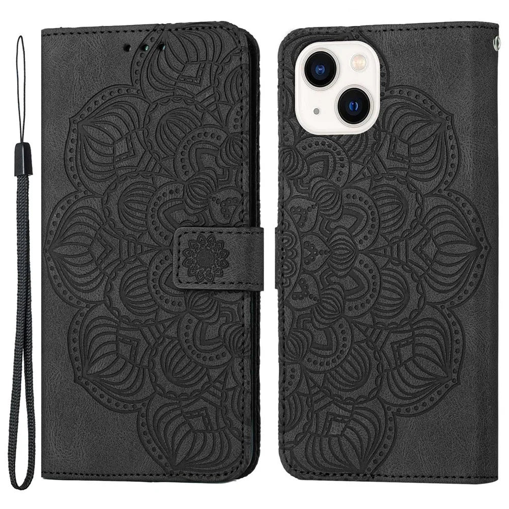 For iPhone 14 6.1 inch Mandala Flower Imprinted PU Leather Magnetic Flip Cover Stand Feature Hand Strap Wallet Purse Case - Black - 1