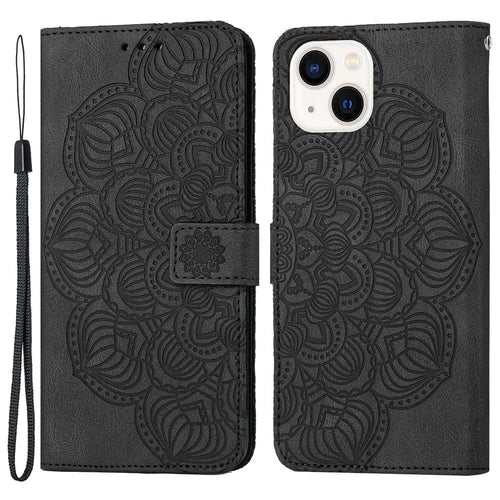 For iPhone 14 6.1 inch Mandala Flower Imprinted PU Leather Magnetic Flip Cover Stand Feature Hand Strap Wallet Purse Case - Black - 1