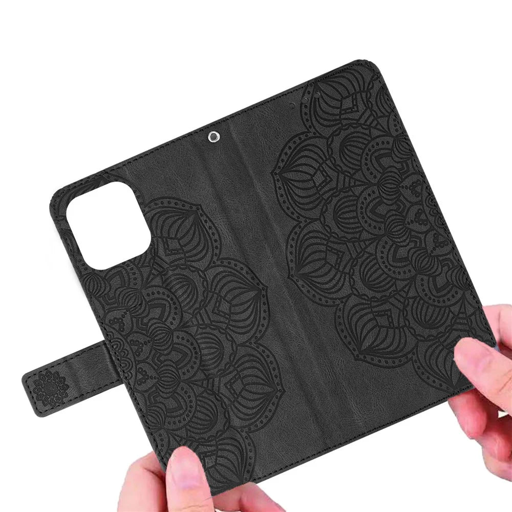 For iPhone 14 6.1 inch Mandala Flower Imprinted PU Leather Magnetic Flip Cover Stand Feature Hand Strap Wallet Purse Case - Black - 4