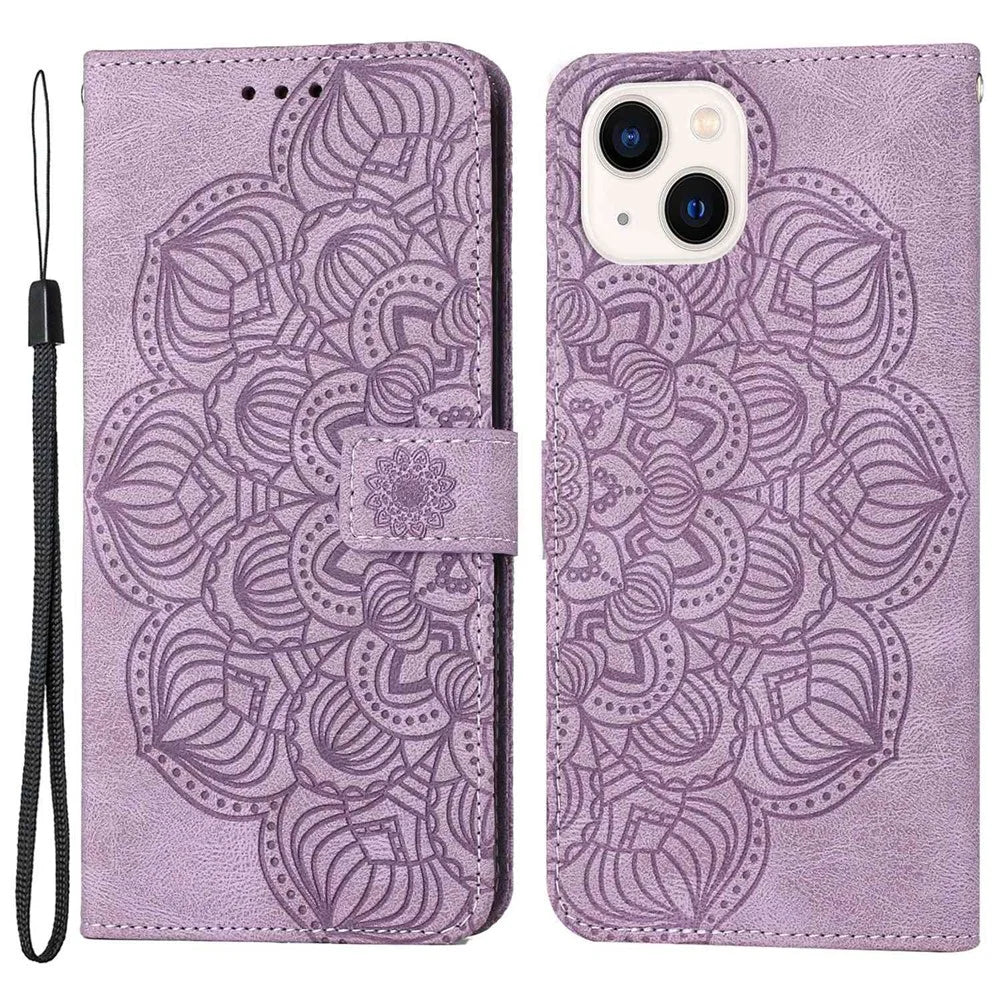 For iPhone 14 Plus Mandala Flower Imprinted Wallet Case PU Leather Wrist Strap Stand Feature Flip Cover - Purple - 1