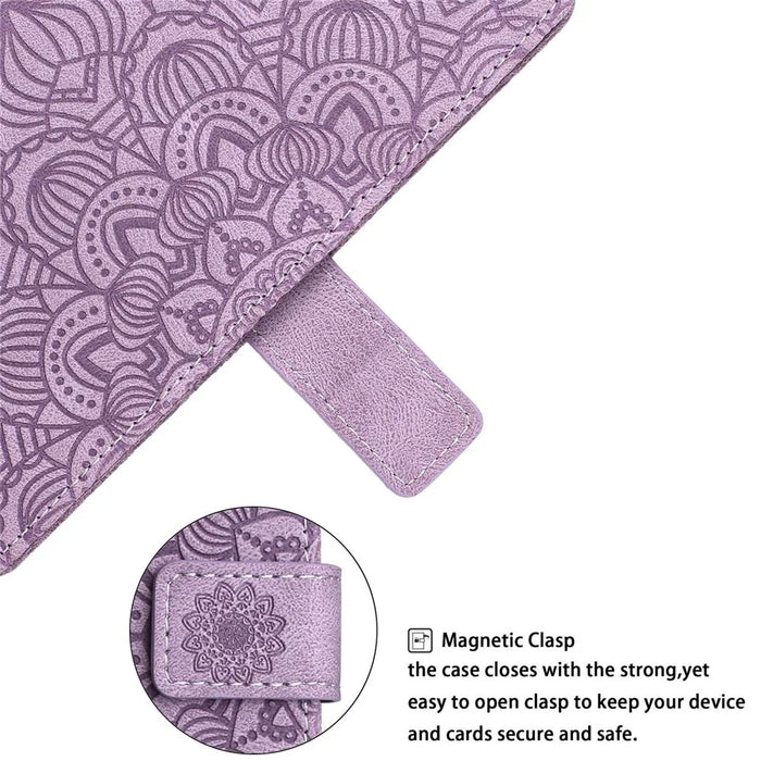 For iPhone 14 Plus Mandala Flower Imprinted Wallet Case PU Leather Wrist Strap Stand Feature Flip Cover - Purple - 6