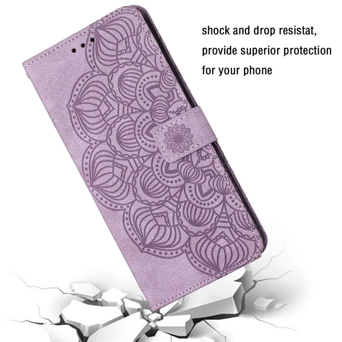 For iPhone 14 Plus Mandala Flower Imprinted Wallet Case PU Leather Wrist Strap Stand Feature Flip Cover - Purple - 7
