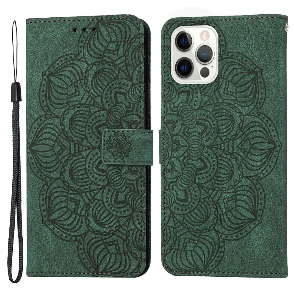 For iPhone 14 Pro Max 6.7 inch Imprinted Mandala Flower PU Leather Phone Case Wallet Stand Magnetic Protective Cover with Wrist Strap - Green - 1