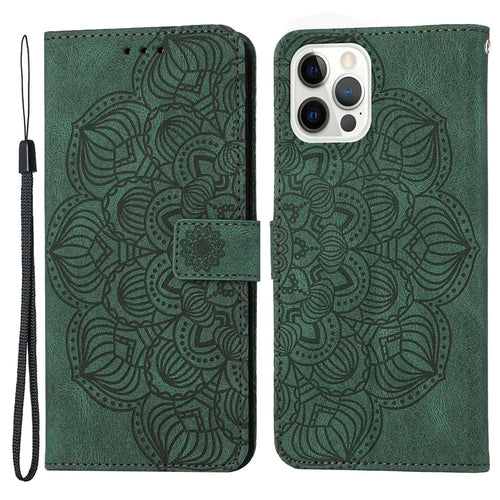 For iPhone 14 Pro Max 6.7 inch Imprinted Mandala Flower PU Leather Phone Case Wallet Stand Magnetic Protective Cover with Wrist Strap - Green - 1