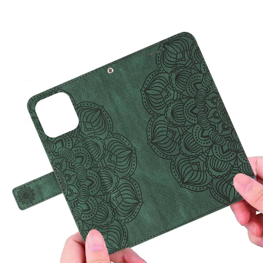 For iPhone 14 Pro Max 6.7 inch Imprinted Mandala Flower PU Leather Phone Case Wallet Stand Magnetic Protective Cover with Wrist Strap - Green - 4
