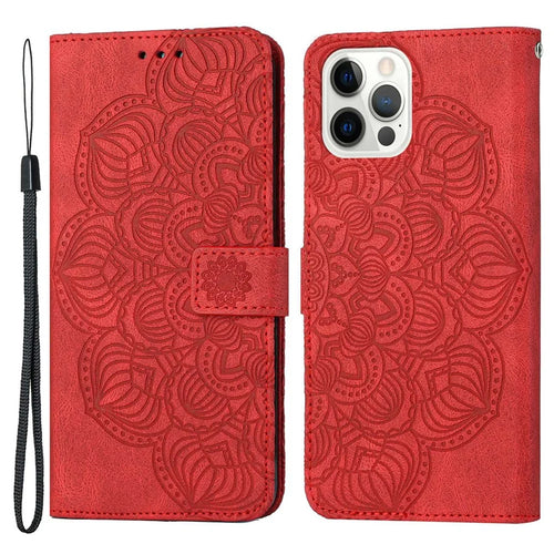 For iPhone 14 Pro 6.1 inch Imprinted Mandala Flower Wallet Case PU Leather Soft TPU Folio Flip Cover with Strap - Red - 1