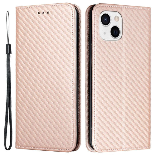 For iPhone 14 6.1 inch Carbon Fiber Texture PU Leather Case Auto Magnetic Closed Flip Stand Wallet Cover - Rose Gold - 1