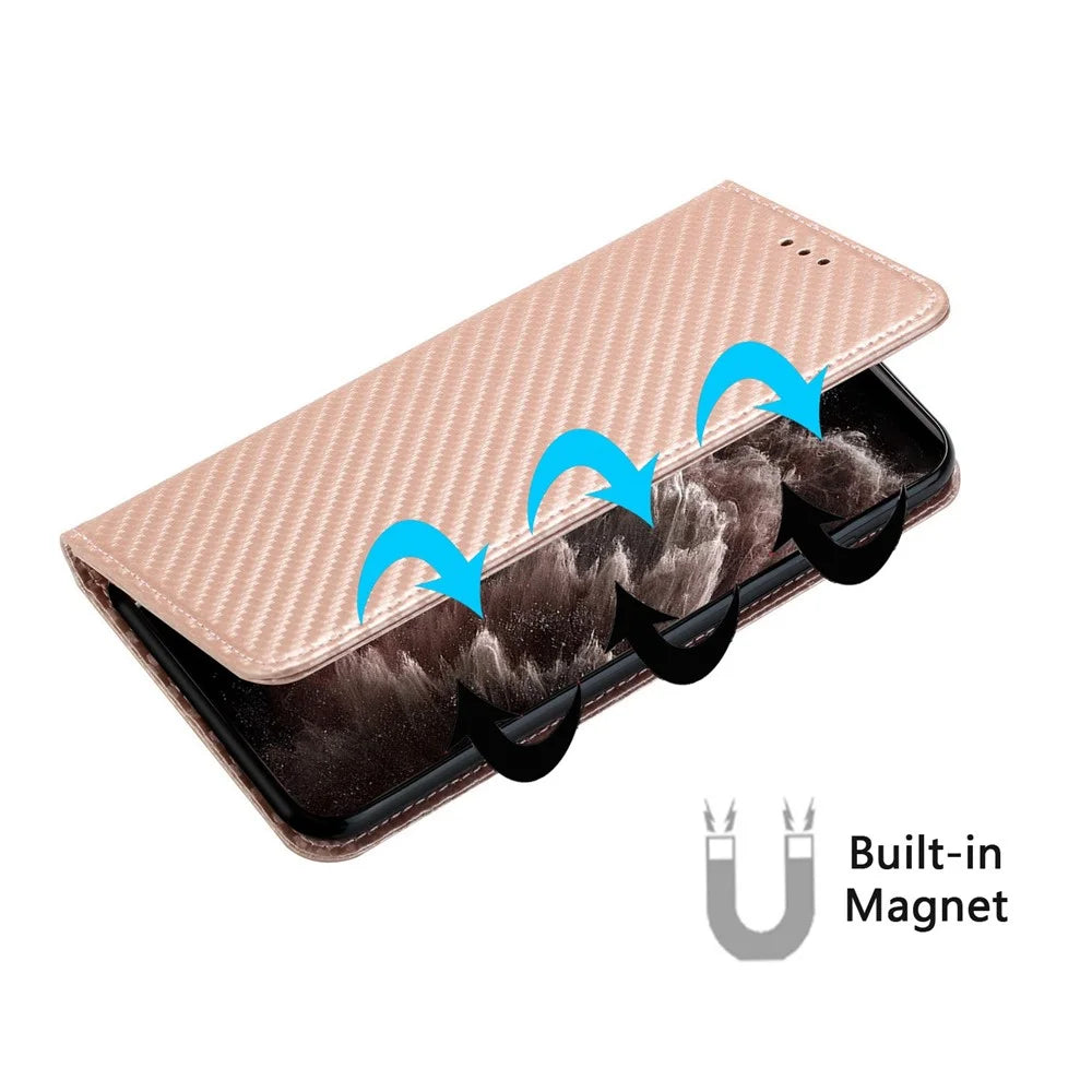 For iPhone 14 6.1 inch Carbon Fiber Texture PU Leather Case Auto Magnetic Closed Flip Stand Wallet Cover - Rose Gold - 4