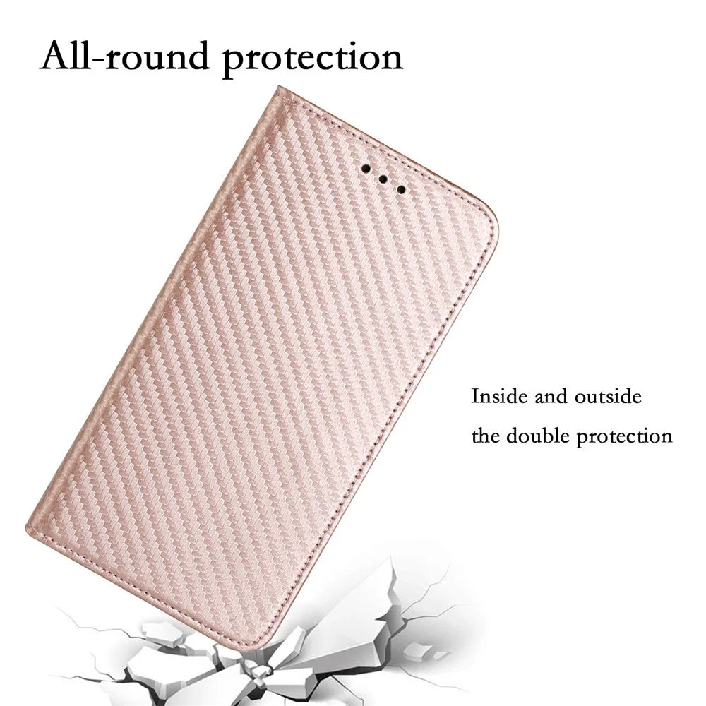 For iPhone 14 6.1 inch Carbon Fiber Texture PU Leather Case Auto Magnetic Closed Flip Stand Wallet Cover - Rose Gold - 5