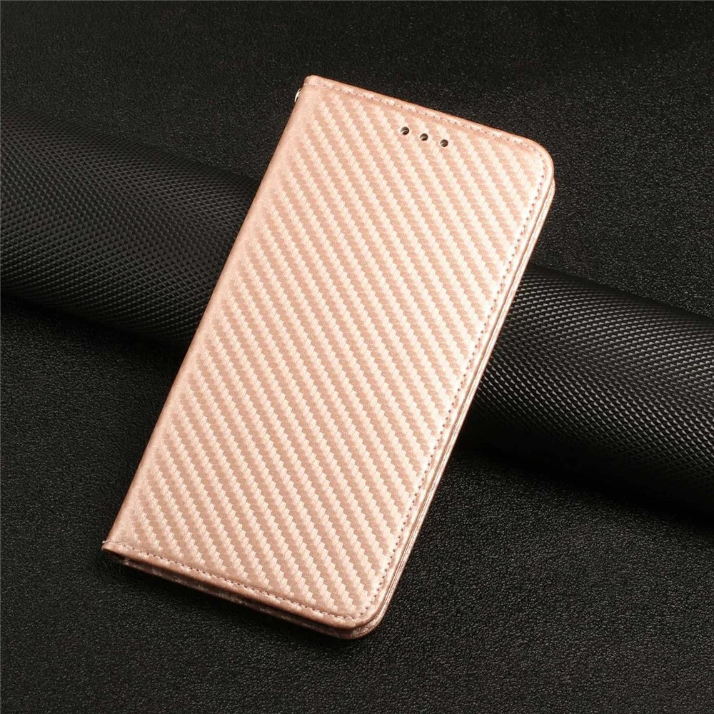 For iPhone 14 6.1 inch Carbon Fiber Texture PU Leather Case Auto Magnetic Closed Flip Stand Wallet Cover - Rose Gold - 6