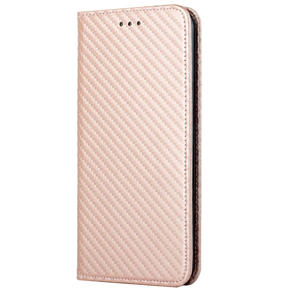 For iPhone 14 6.1 inch Carbon Fiber Texture PU Leather Case Auto Magnetic Closed Flip Stand Wallet Cover - Rose Gold - 7