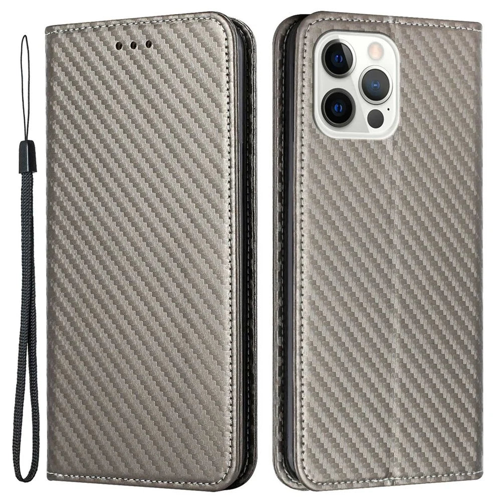 For iPhone 14 Pro 6.1 inch Scratch Proof Carbon Fiber Texture PU Leather Case Auto Magnetic Closed Flip Stand Wallet Cover - Grey - 1