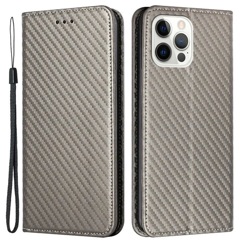 For iPhone 14 Pro 6.1 inch Scratch Proof Carbon Fiber Texture PU Leather Case Auto Magnetic Closed Flip Stand Wallet Cover - Grey - 1