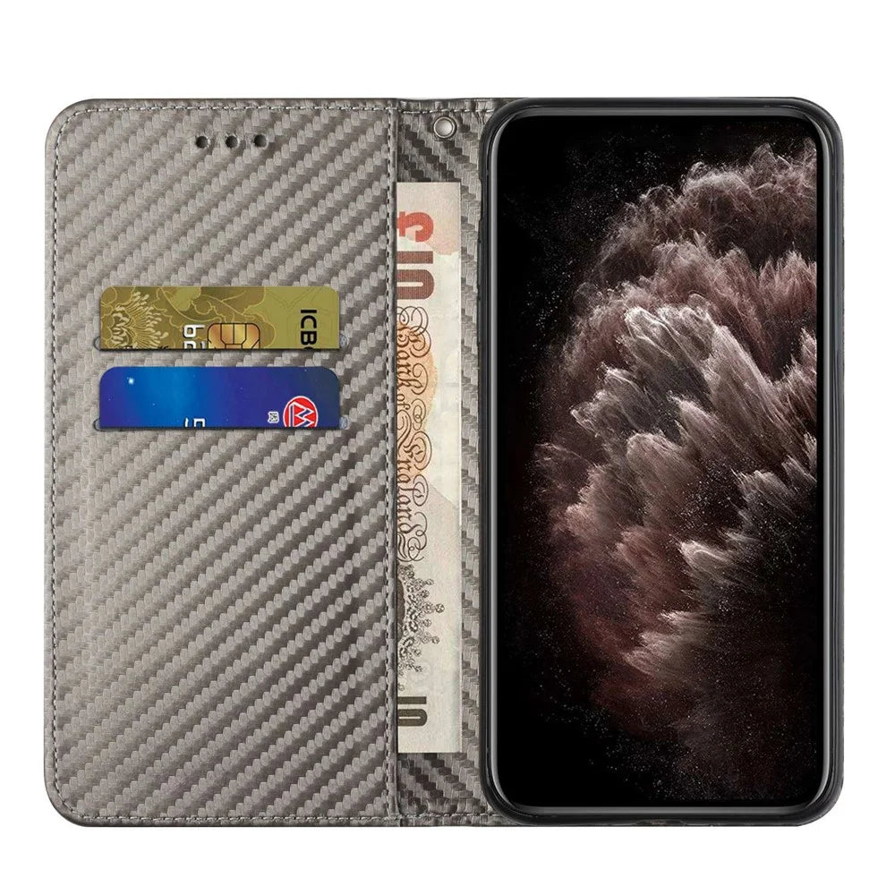 For iPhone 14 Pro 6.1 inch Scratch Proof Carbon Fiber Texture PU Leather Case Auto Magnetic Closed Flip Stand Wallet Cover - Grey - 2