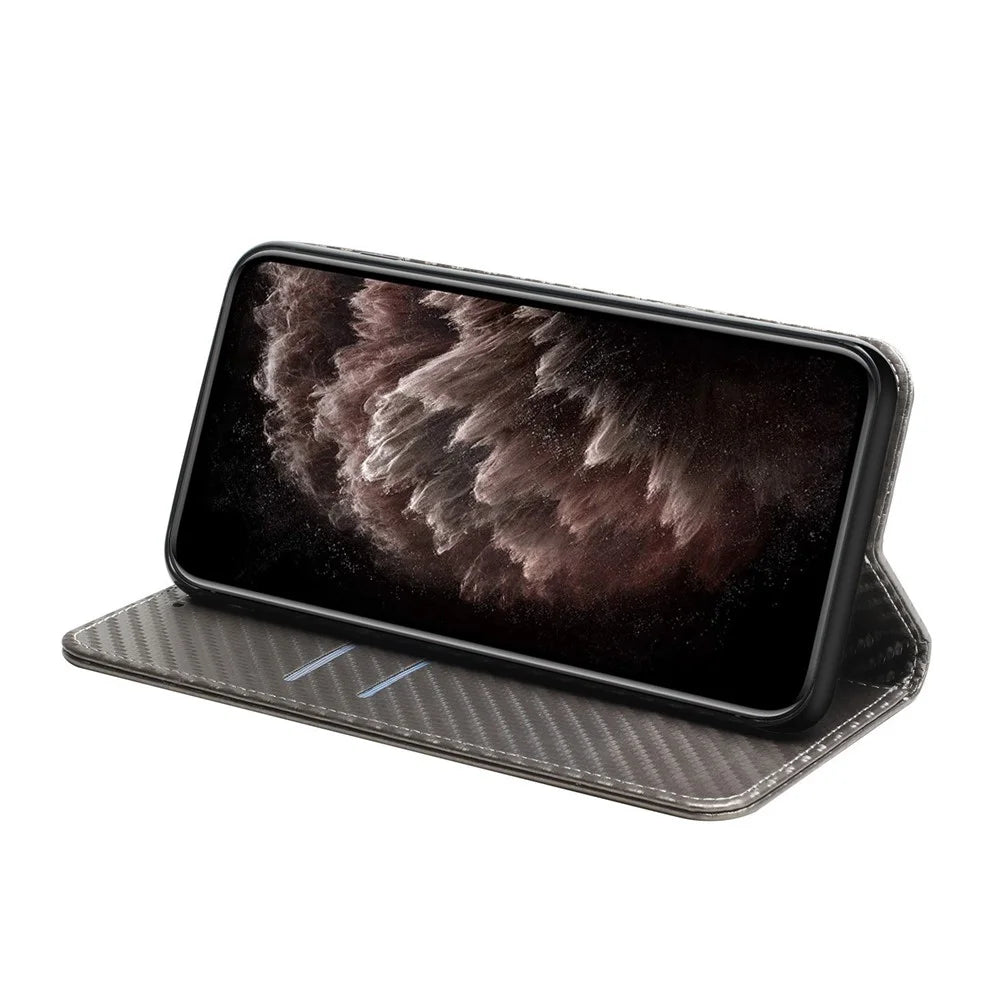 For iPhone 14 Pro 6.1 inch Scratch Proof Carbon Fiber Texture PU Leather Case Auto Magnetic Closed Flip Stand Wallet Cover - Grey - 3