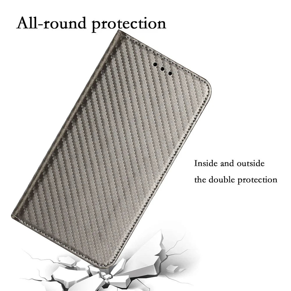 For iPhone 14 Pro 6.1 inch Scratch Proof Carbon Fiber Texture PU Leather Case Auto Magnetic Closed Flip Stand Wallet Cover - Grey - 5