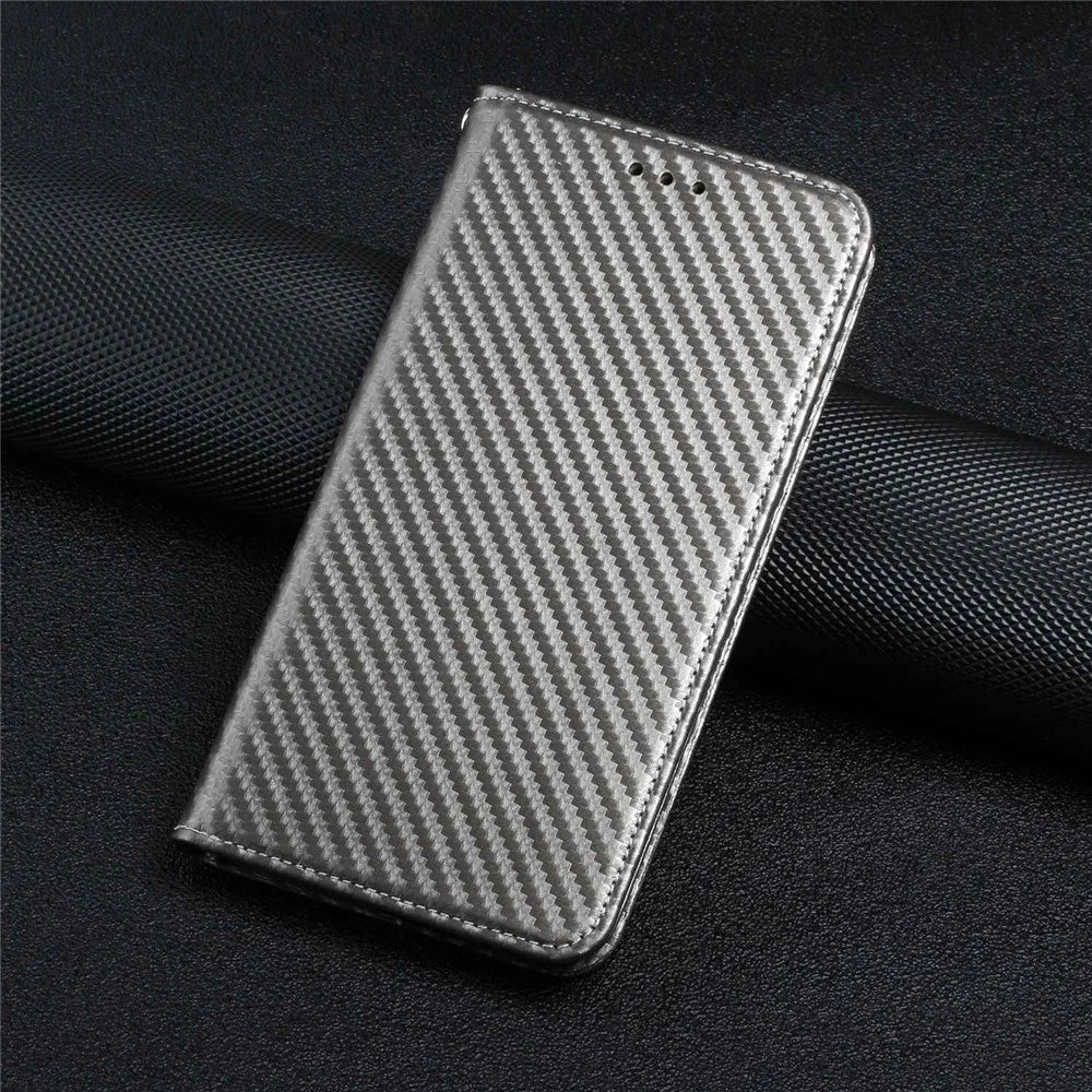For iPhone 14 Pro 6.1 inch Scratch Proof Carbon Fiber Texture PU Leather Case Auto Magnetic Closed Flip Stand Wallet Cover - Grey - 6