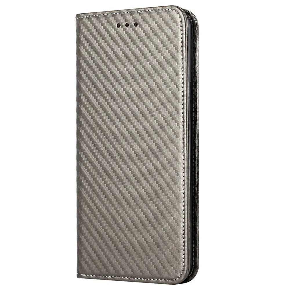 For iPhone 14 Pro 6.1 inch Scratch Proof Carbon Fiber Texture PU Leather Case Auto Magnetic Closed Flip Stand Wallet Cover - Grey - 7