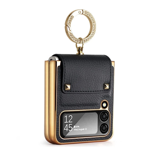 For Samsung Galaxy Z Flip4 5G Leather Coated PC Phone Case Ring Holder Design Folding Phone Cover with Tempered Glass Lens Film - Black - 1