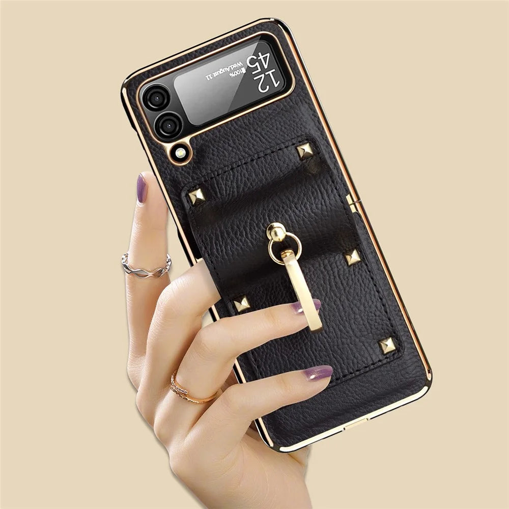 For Samsung Galaxy Z Flip4 5G Leather Coated PC Phone Case Ring Holder Design Folding Phone Cover with Tempered Glass Lens Film - Black - 4