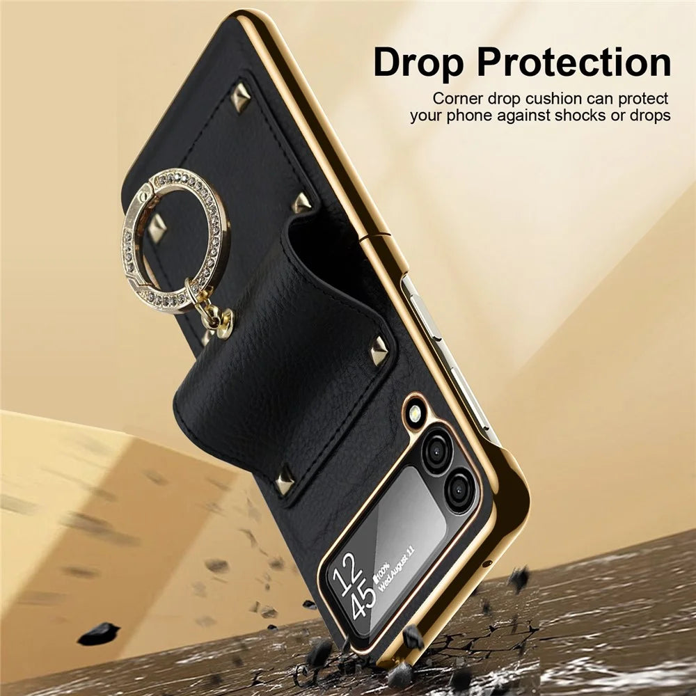 For Samsung Galaxy Z Flip4 5G Leather Coated PC Phone Case Ring Holder Design Folding Phone Cover with Tempered Glass Lens Film - Black - 5