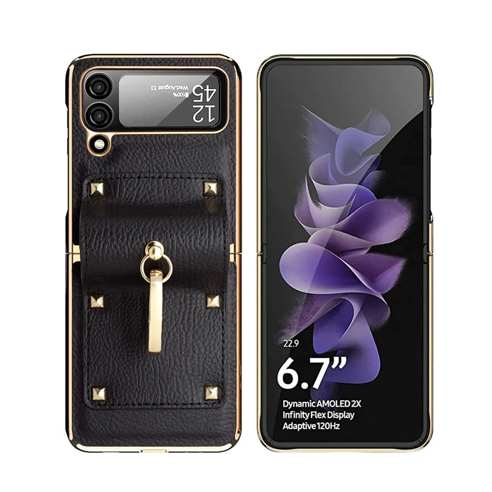 For Samsung Galaxy Z Flip4 5G Leather Coated PC Phone Case Ring Holder Design Folding Phone Cover with Tempered Glass Lens Film - Black - 7